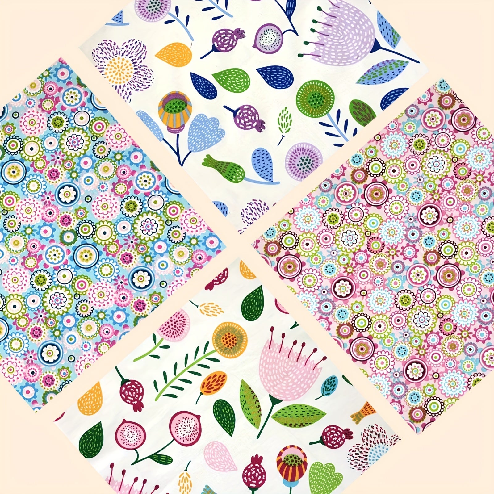 4pcs Fat Quarters Cotton Floral Pattern Quilting Fabric Sheets