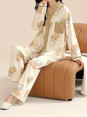Bear Print Pajama Set Long Sleeve V Neck Buttons Top & Pants