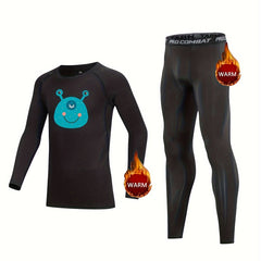 2pcs Kids Compression Fleece Sets Cartoon Pattern Crew Neck Pullover
