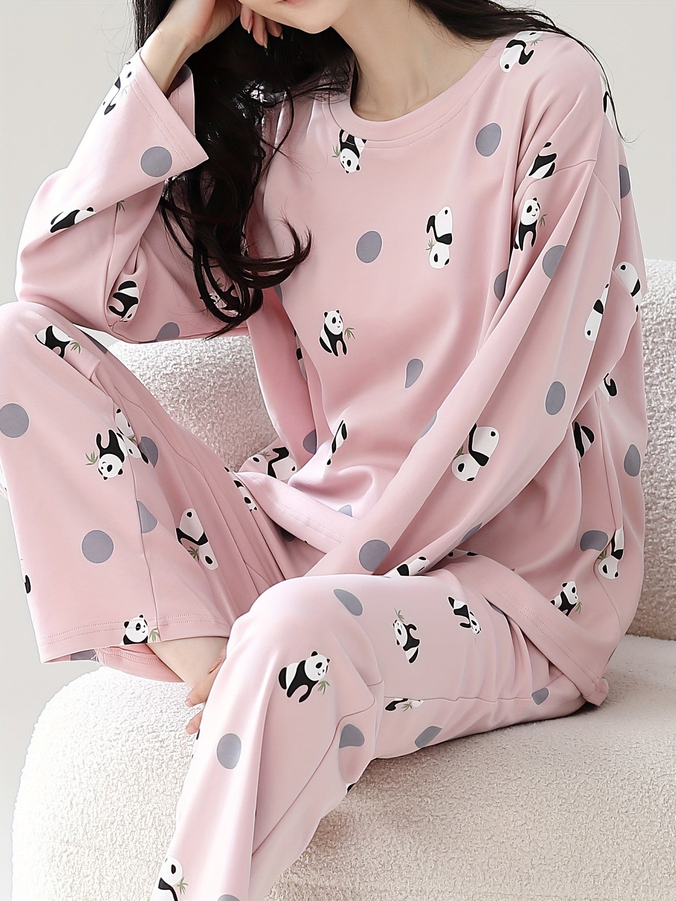 Panda Print Pajama Set Long Sleeve Top & Lounge Pants Women's Sleepwear
