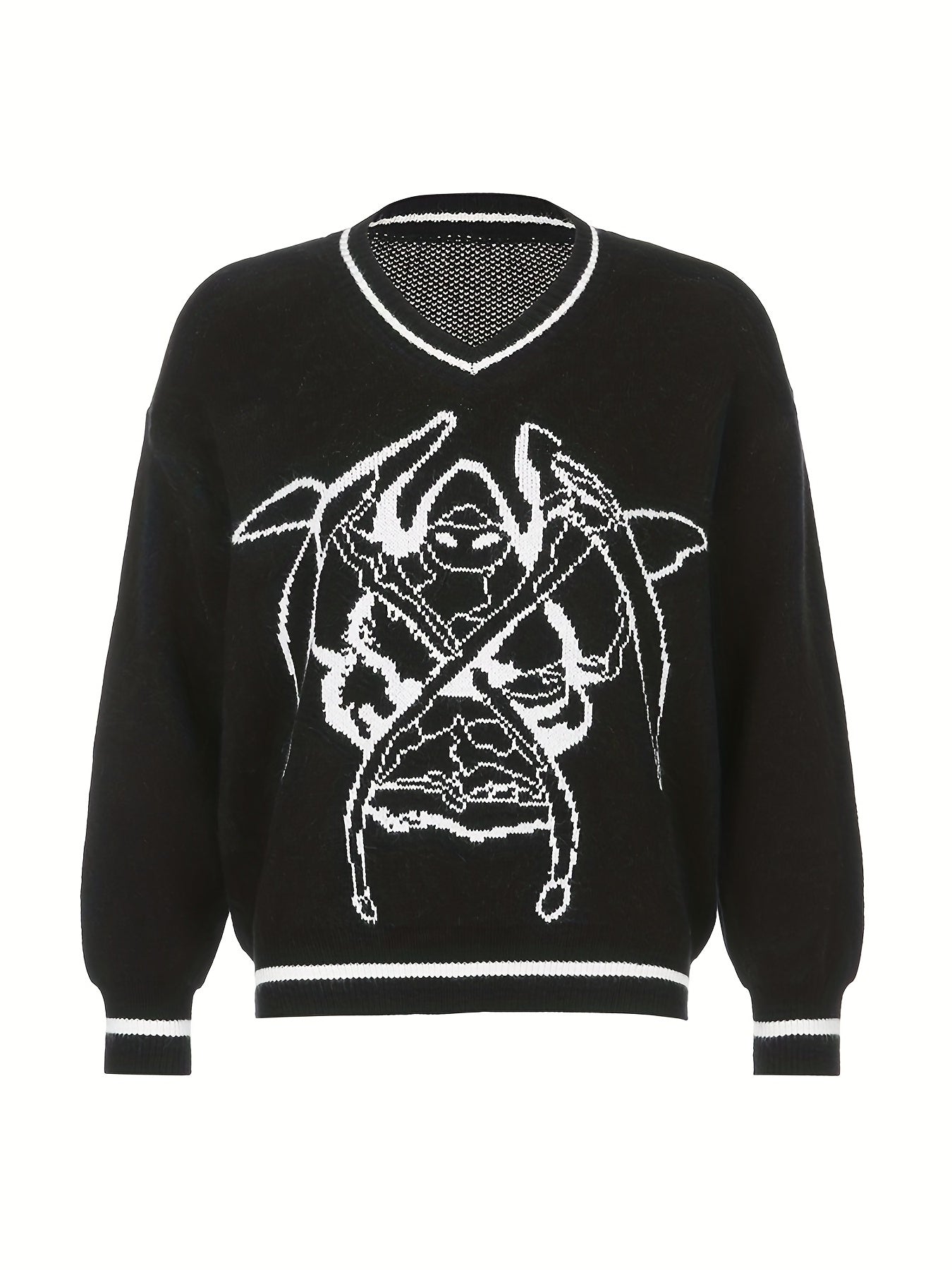 Halloween Grim Reaper Print Sweater Long Sleeve V Neck Pullover Jumper