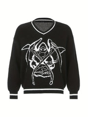 Halloween Grim Reaper Print Sweater Long Sleeve V Neck Pullover Jumper