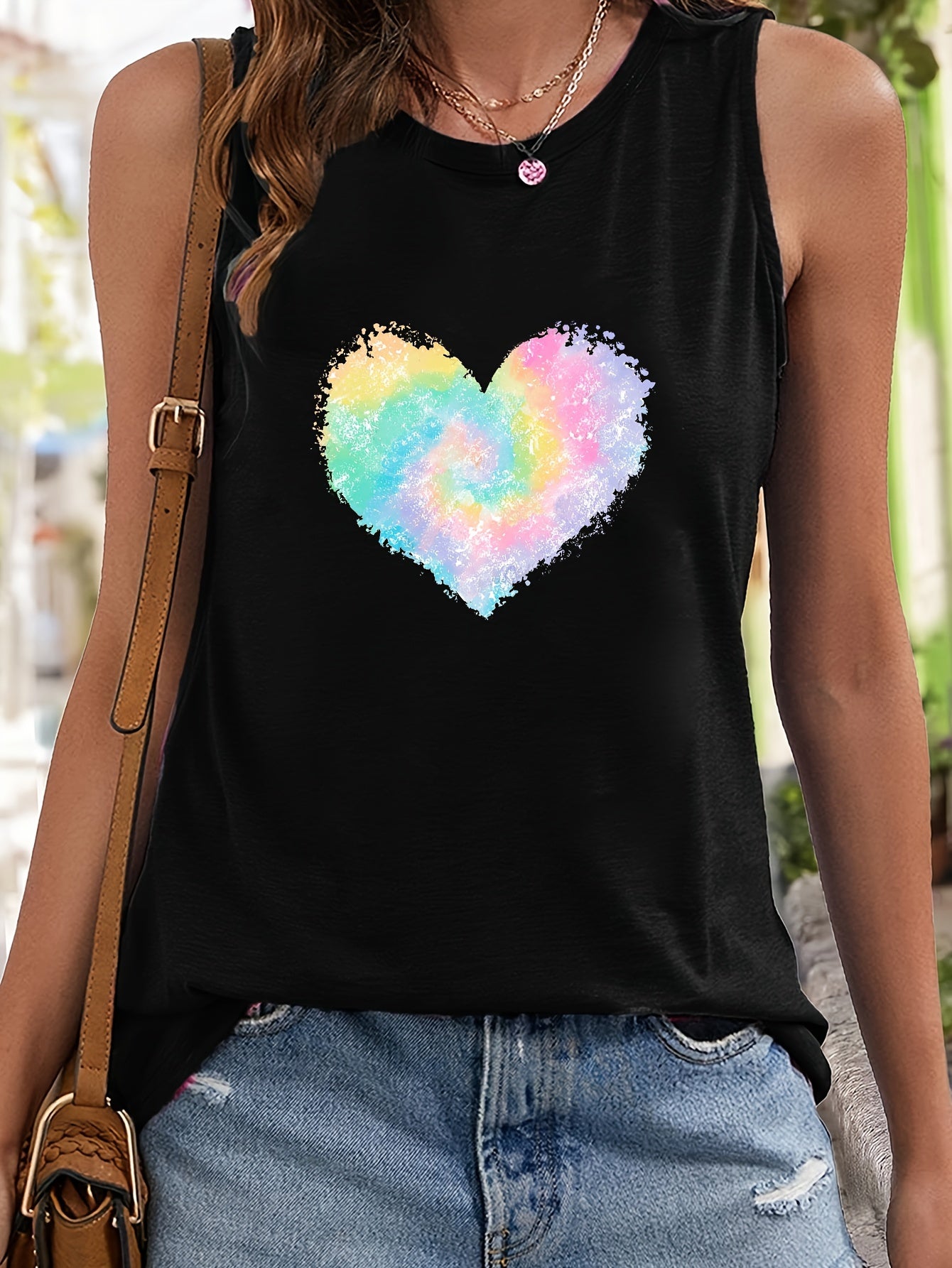 Heart Print Sleeveless Sports Vest Round Neck Casual Tops