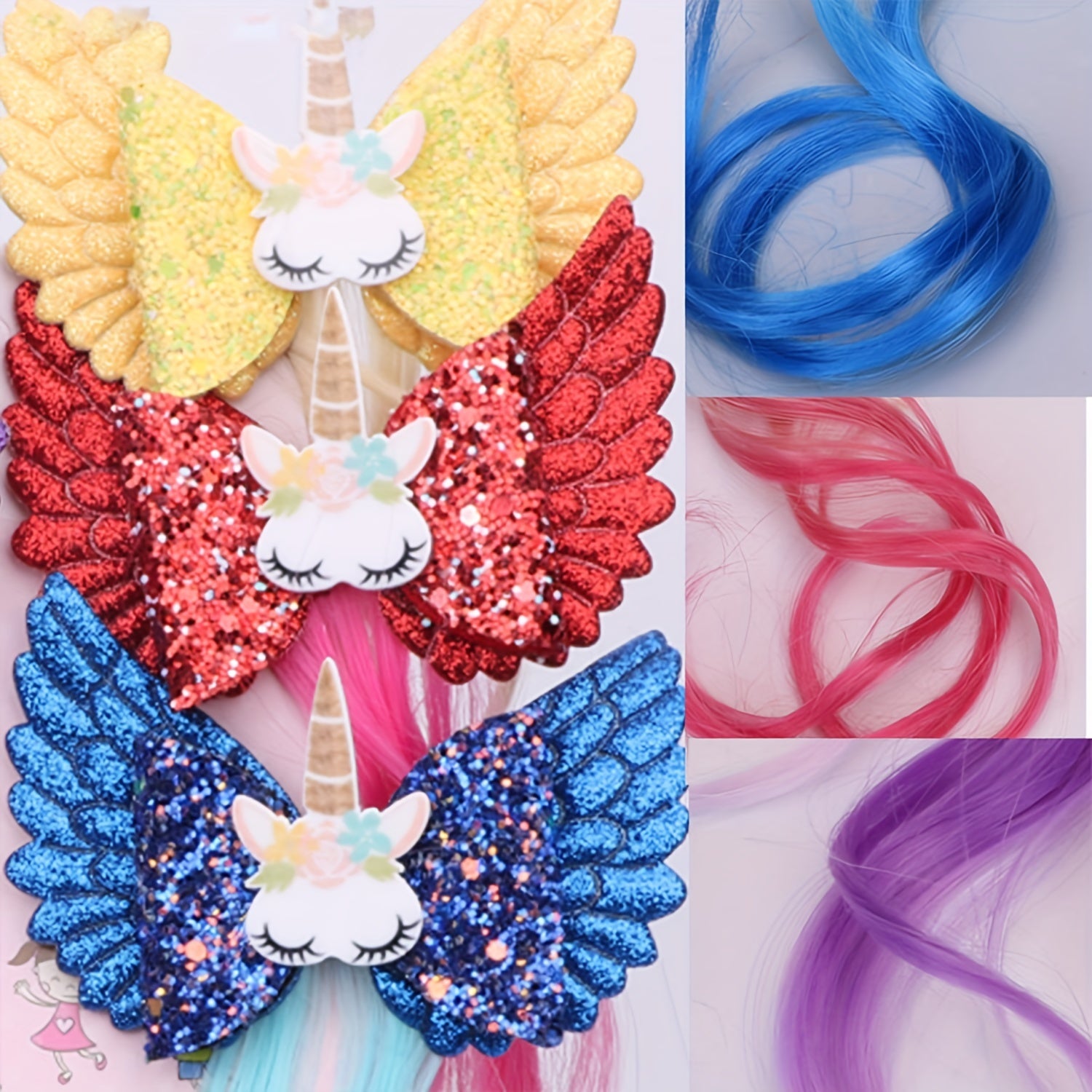Girls Unicorn Wings Bowknot Hair Wig Extensions