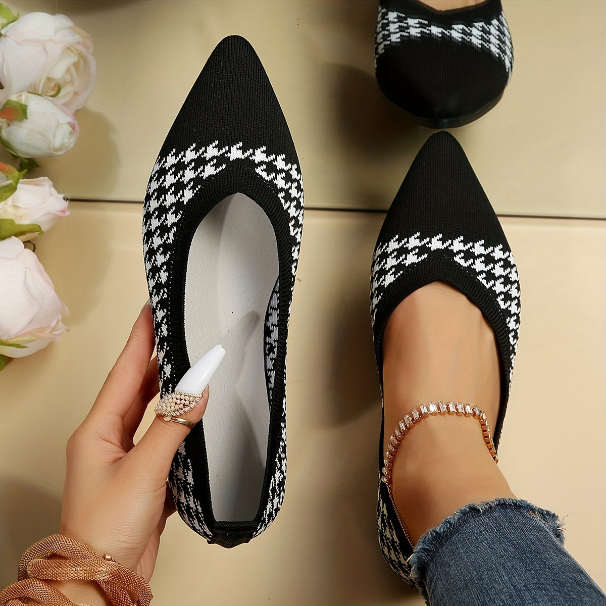 Women's Houndstooth Ballet Flats Soft Sole Shoes