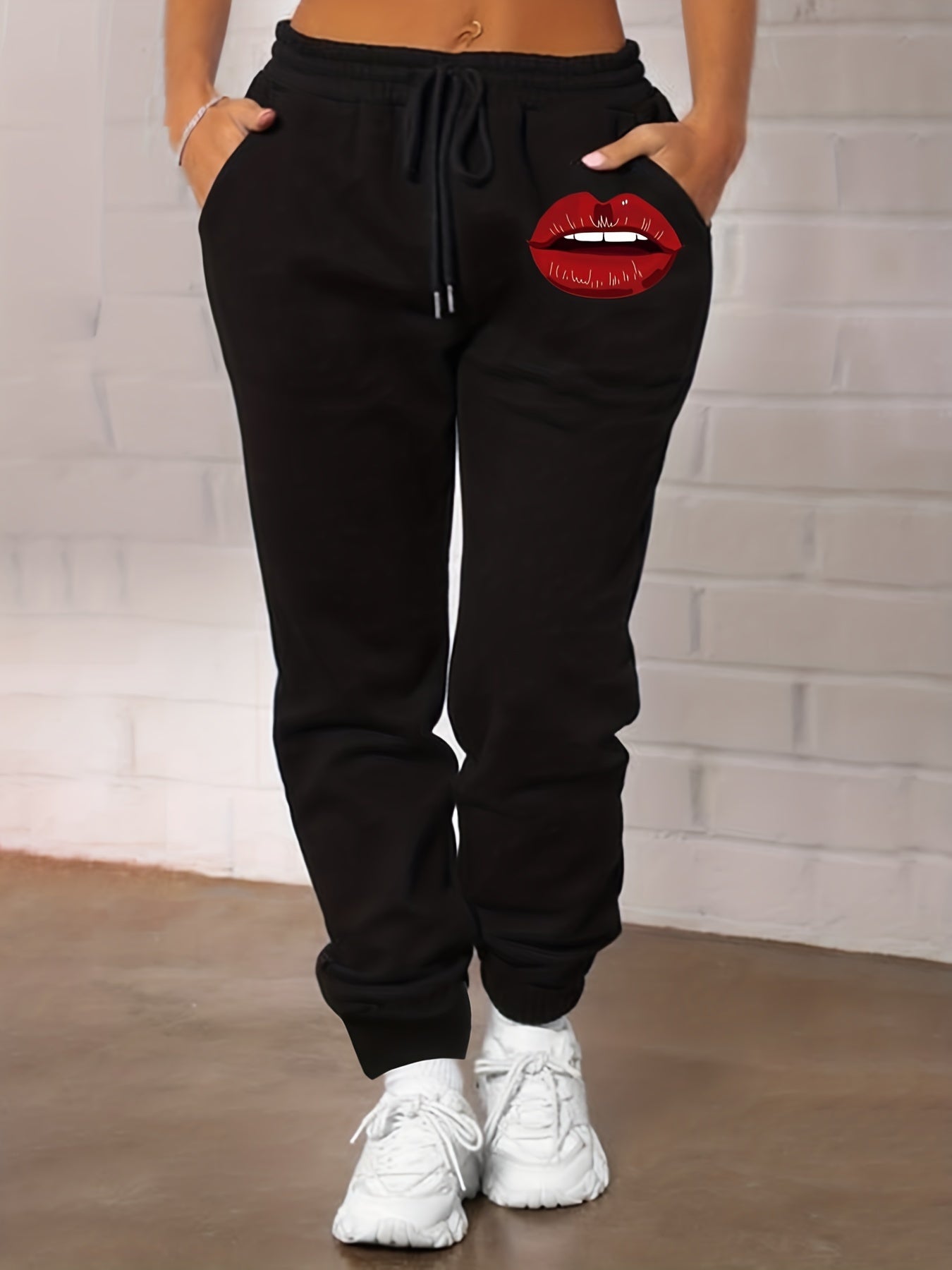 Casual Sports Sweatpants Women's Plus Mouth Print Drawstring Loose Fit
