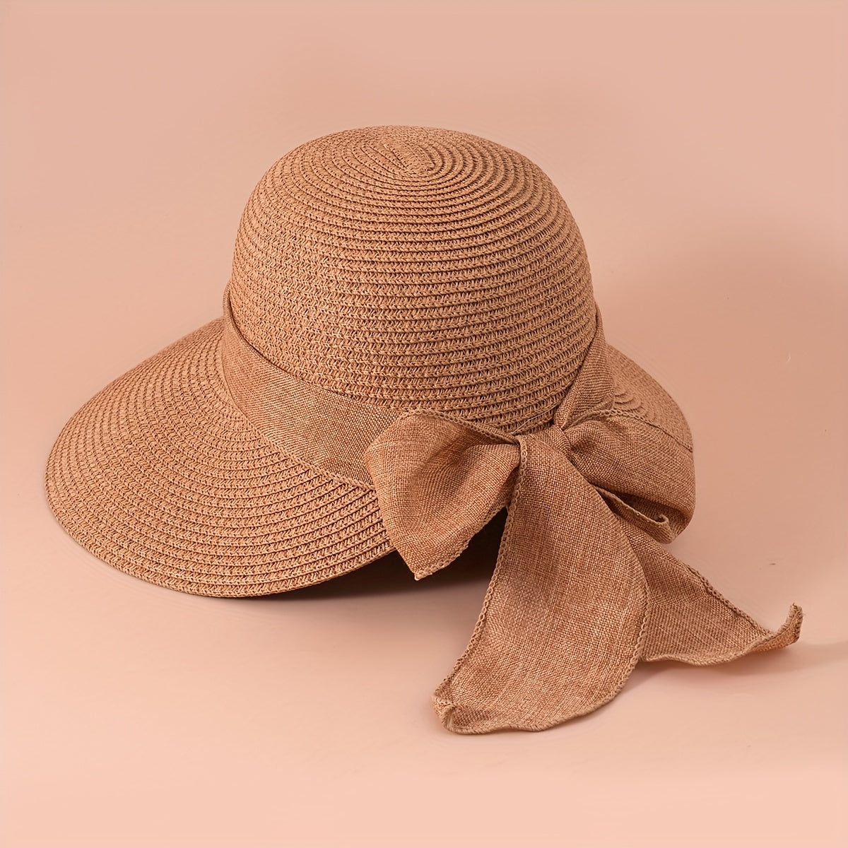 Khaki Ribbon Bowknot Sun Hat Classic Wide Brim UV Protection Straw Hats