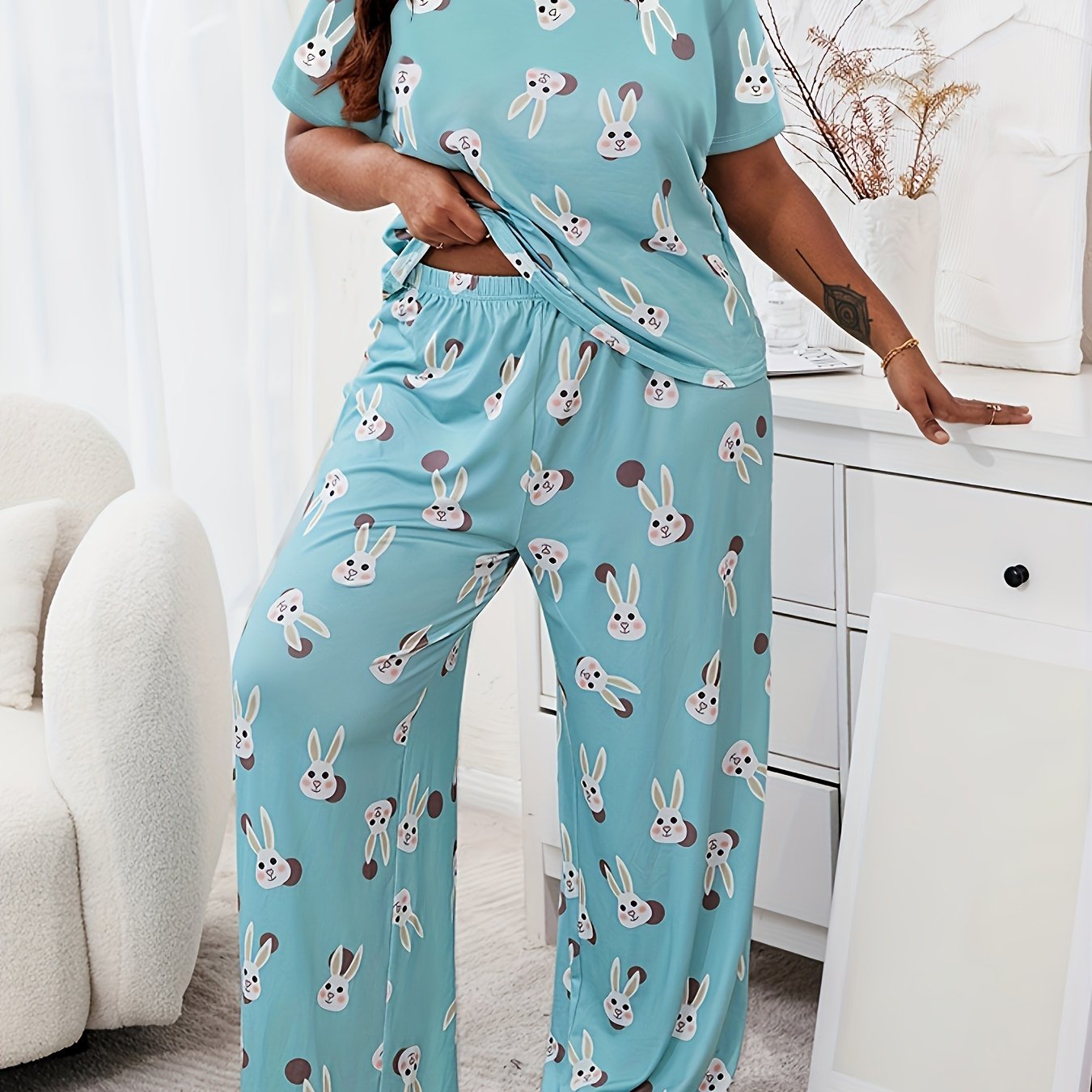 Rabbit Print Short Sleeve Top & Wide Leg Pants Pajama Set