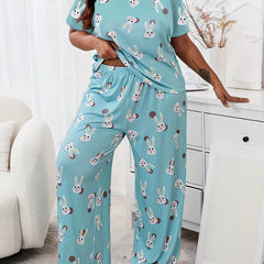 Rabbit Print Short Sleeve Top & Wide Leg Pants Pajama Set
