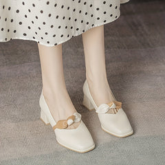 Chunky Heel Mary Jane Knot Band Slip On Mid Heel Dress Shoes