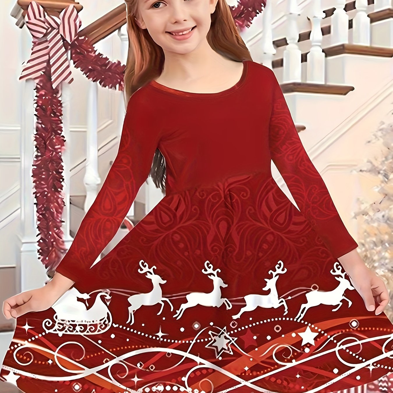 Girls Fish Scale Graphic Long Sleeve Dress For Christmas Party