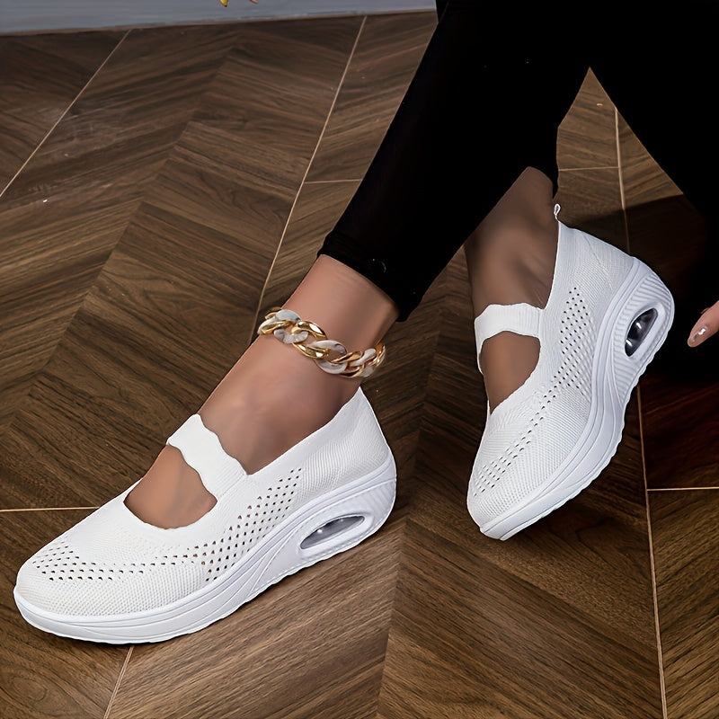 Solid Knit Walking Shoes Ankle Strap Slip On Air Cushion Casual Sneakers