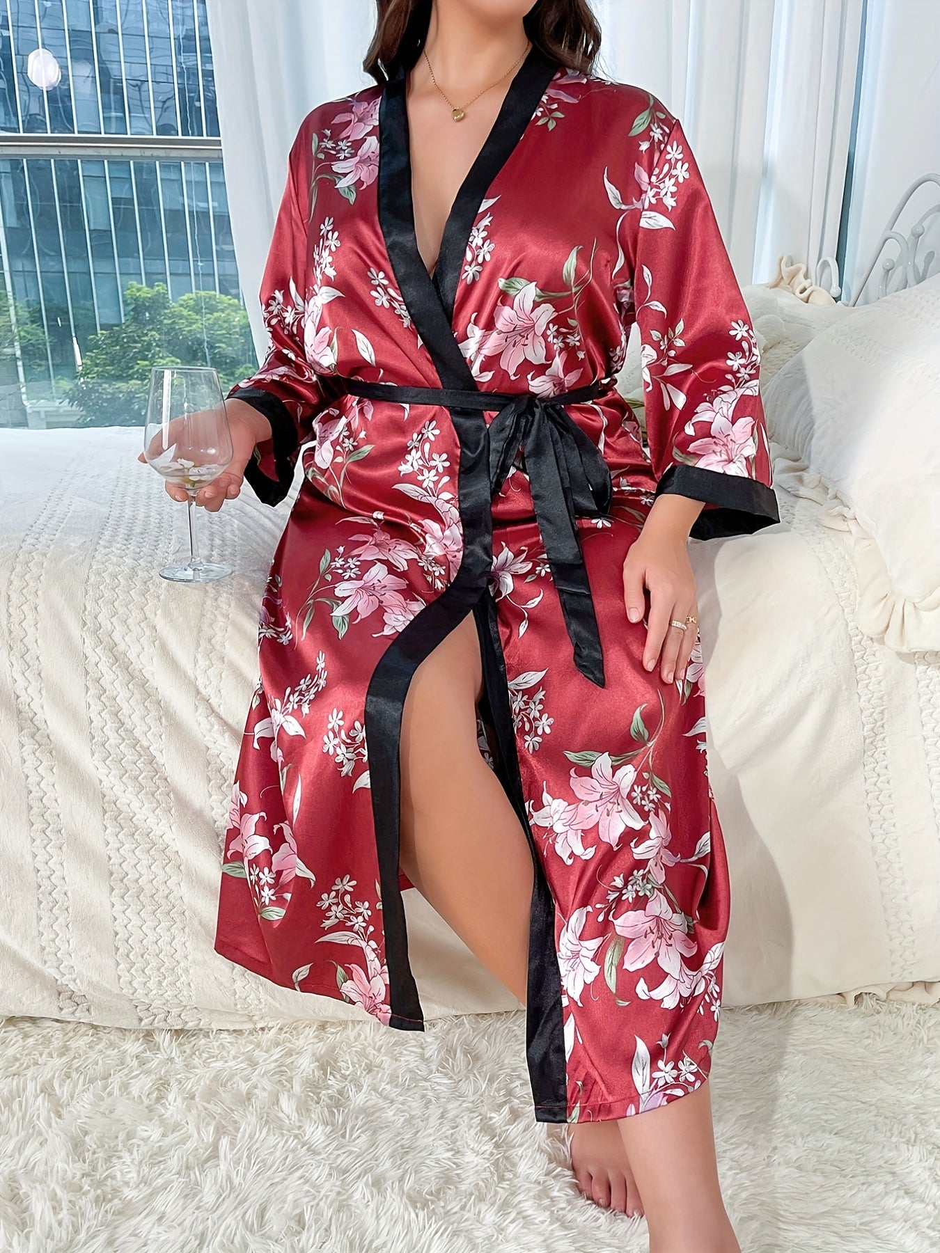 Satin Floral Print Robe Long Sleeve Belted Nightgown