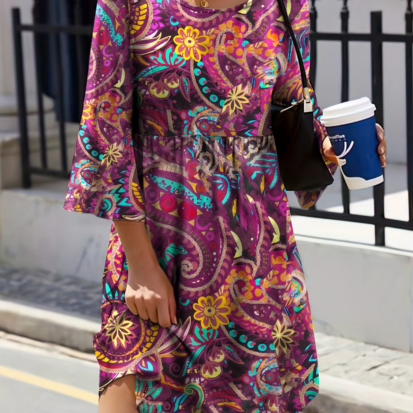 Boho Dress Women's Plus Paisley Floral Print Three Quarter Sleeve