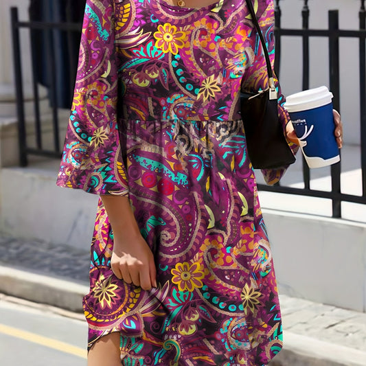 Boho Dress Women's Plus Paisley Floral Print Three Quarter Sleeve