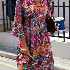 Boho Dress Women's Plus Paisley Floral Print Three Quarter Sleeve