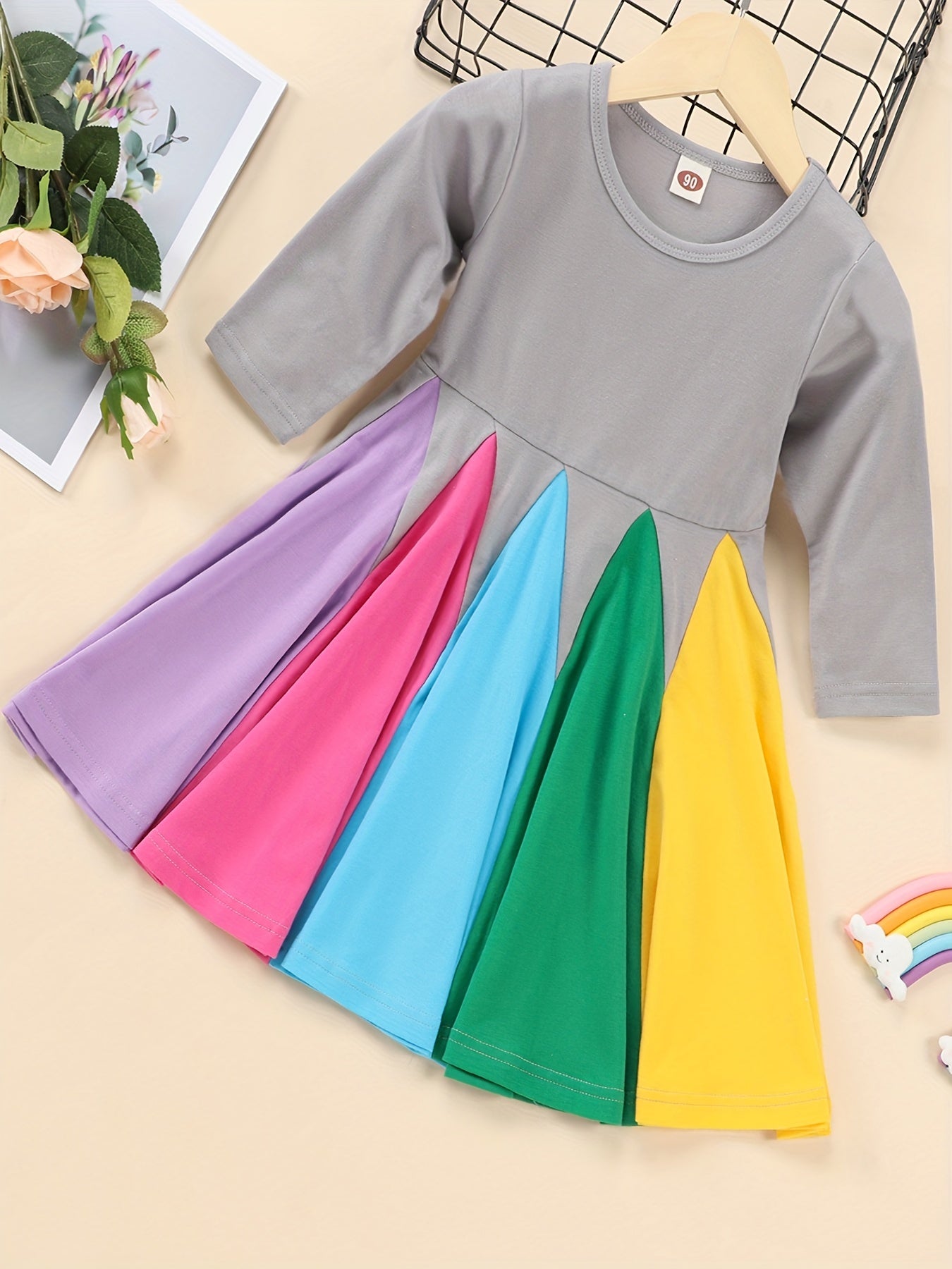 Girls Long Sleeve Round Neck Block Rainbow Princess Dress Kids Clothes