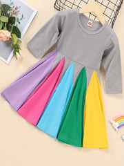 Girls Long Sleeve Round Neck Block Rainbow Princess Dress Kids Clothes
