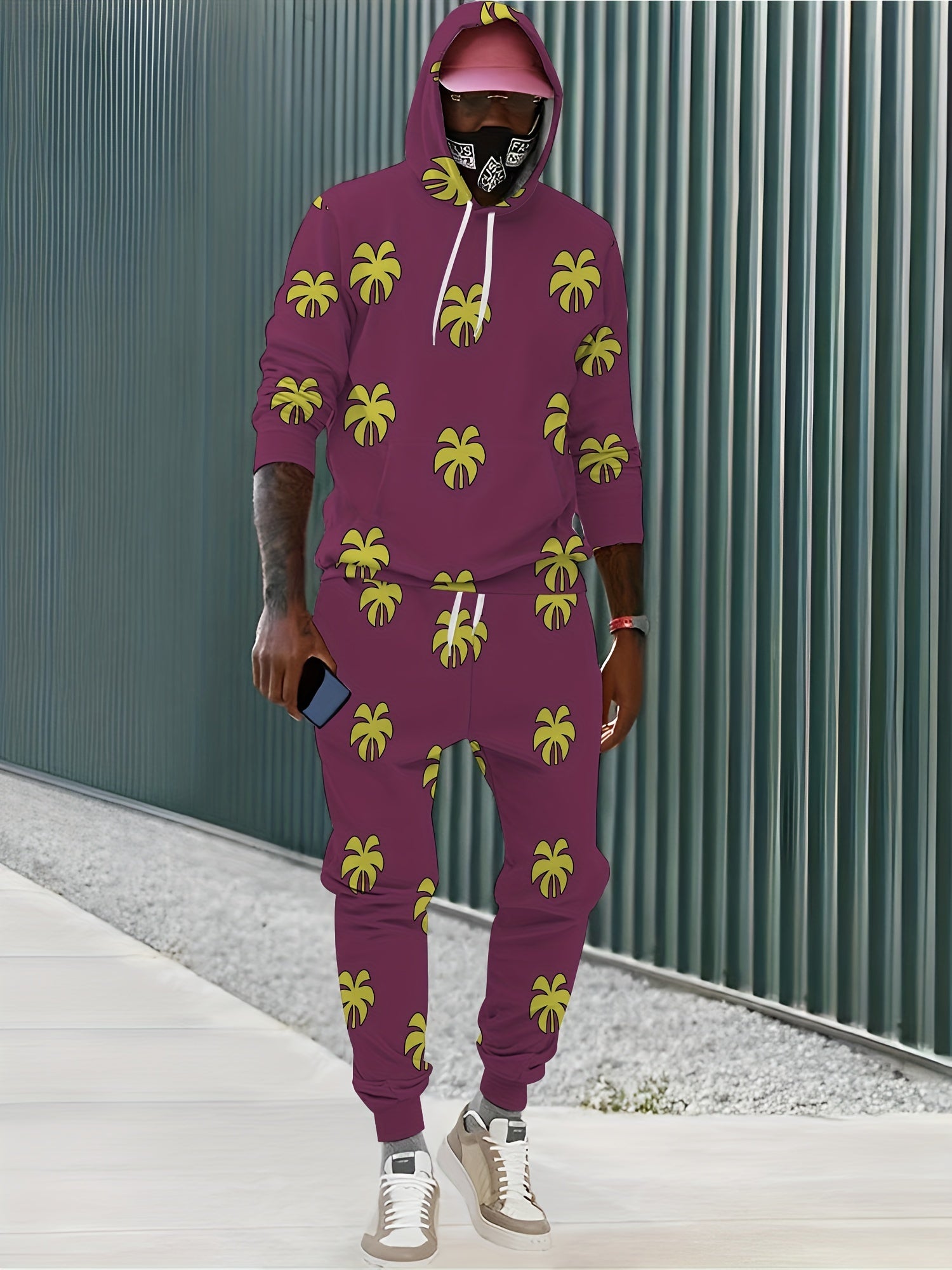 Flower Print Men's Casual Hoodie & Sweatpants Set