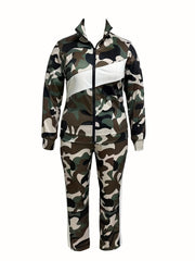 Women's Plus Colorblock Camo Zip Up Mock Neck Coat & Elastic Pants Set