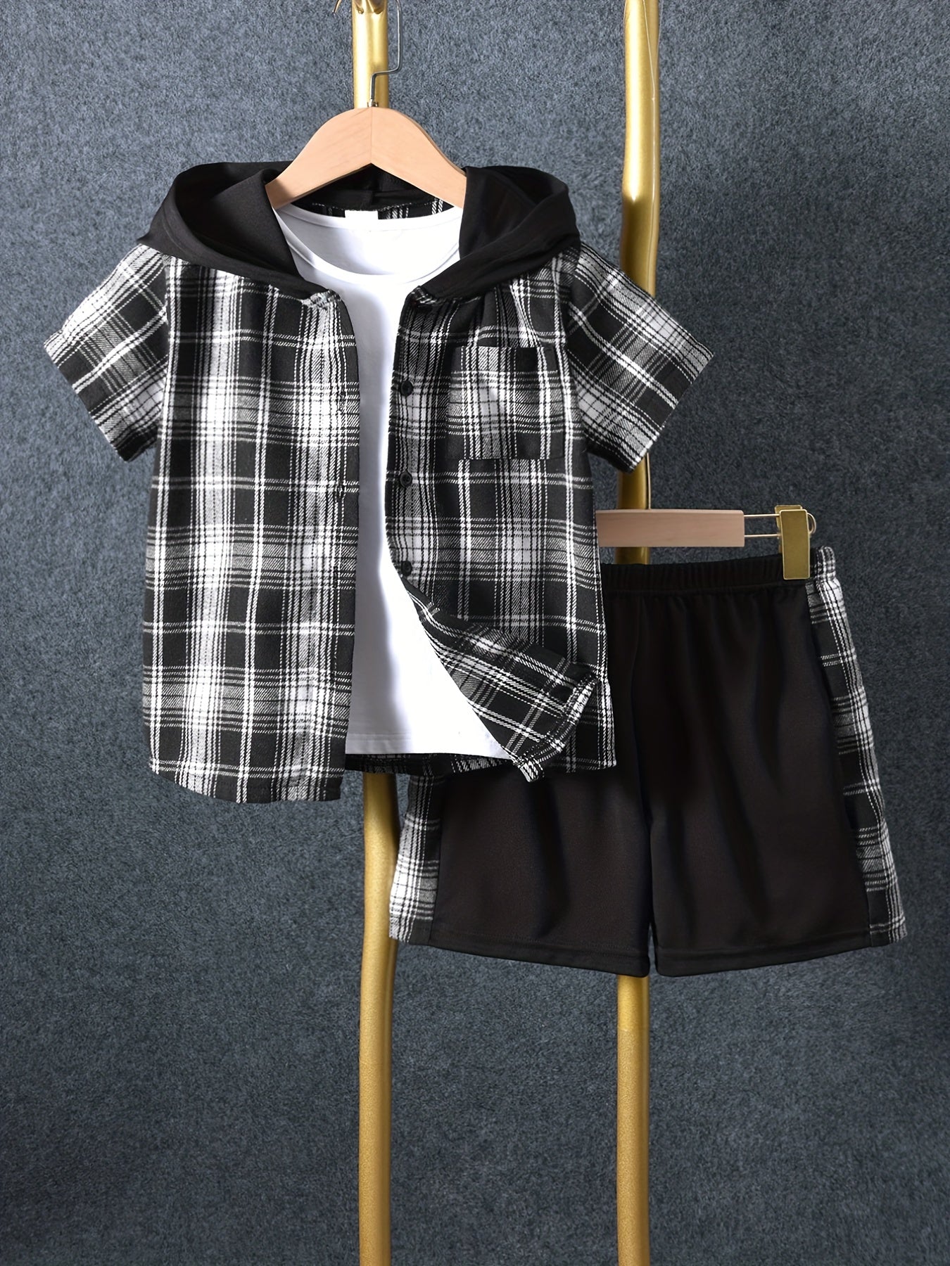 2pcs Baby Boys Plaid Short Sleeve Hooded Shirt & Shorts Set