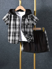 2pcs Baby Boys Plaid Short Sleeve Hooded Shirt & Shorts Set