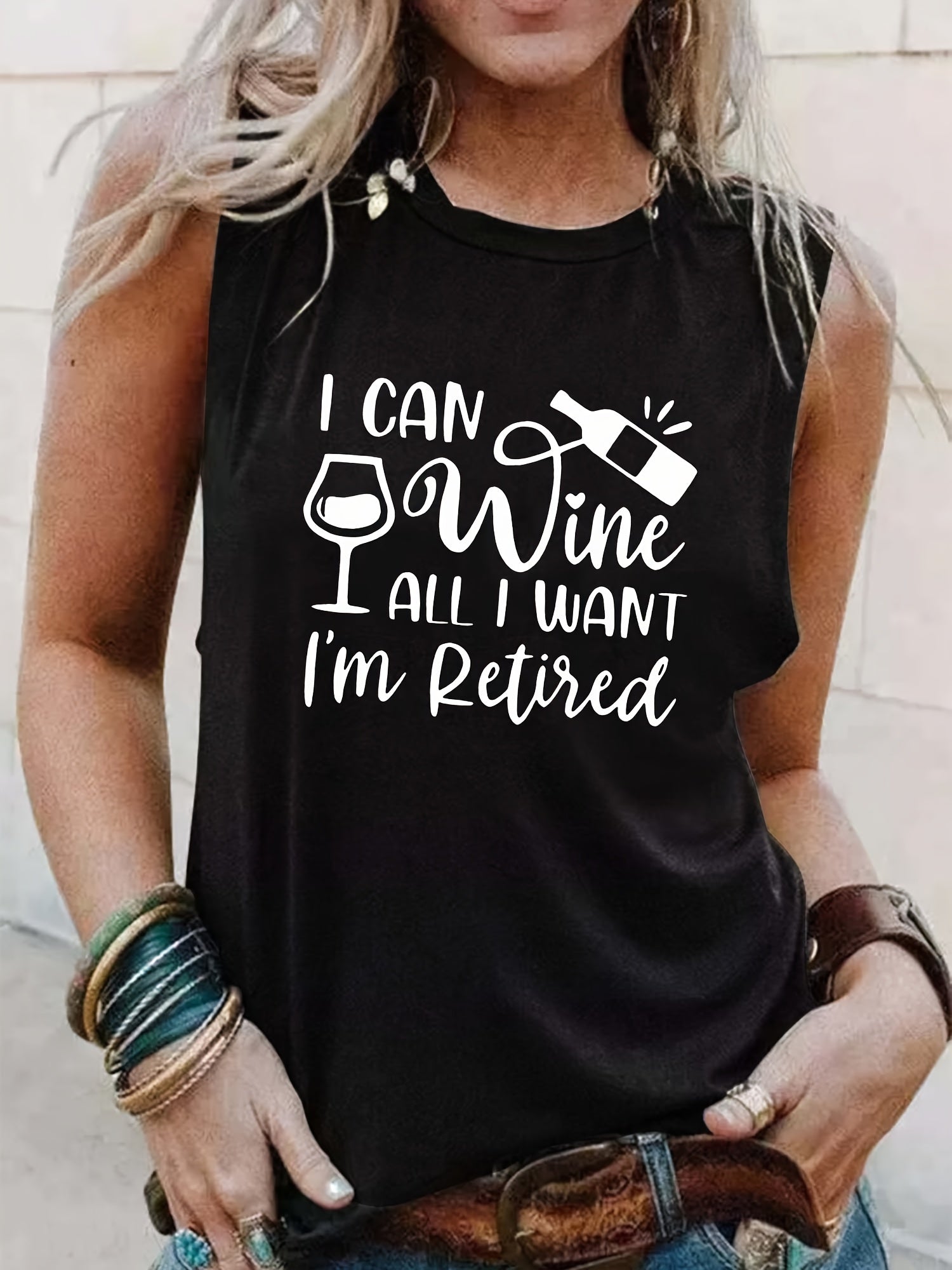 Letter Print Crew Neck Tank Top Casual Sleeveless Tank Top