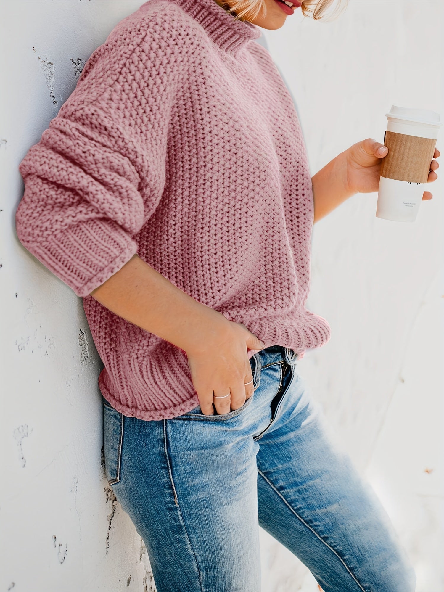 Casual Sweater Women's Solid Knitted Long Sleeve Mock Neck Pullover