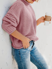 Casual Sweater Women's Solid Knitted Long Sleeve Mock Neck Pullover