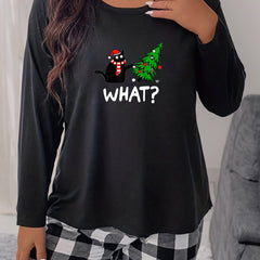 Women's Plus Christmas Tree & Funny Cat Print Long Sleeve Round Neck