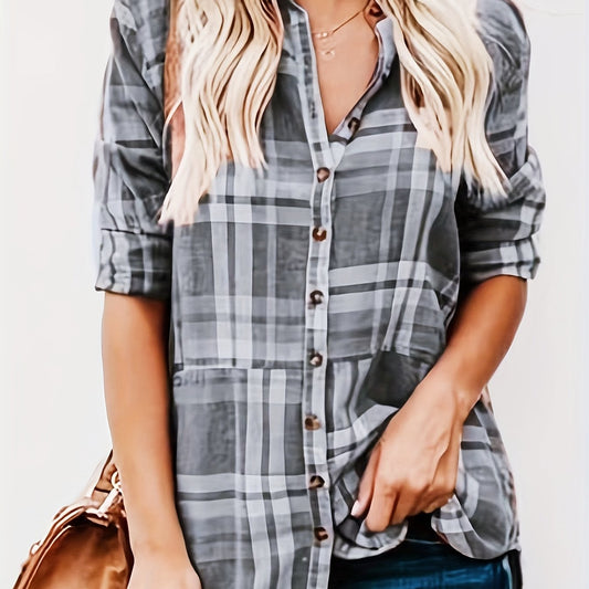 Plaid Print Button Up Long Sleeve Blouse