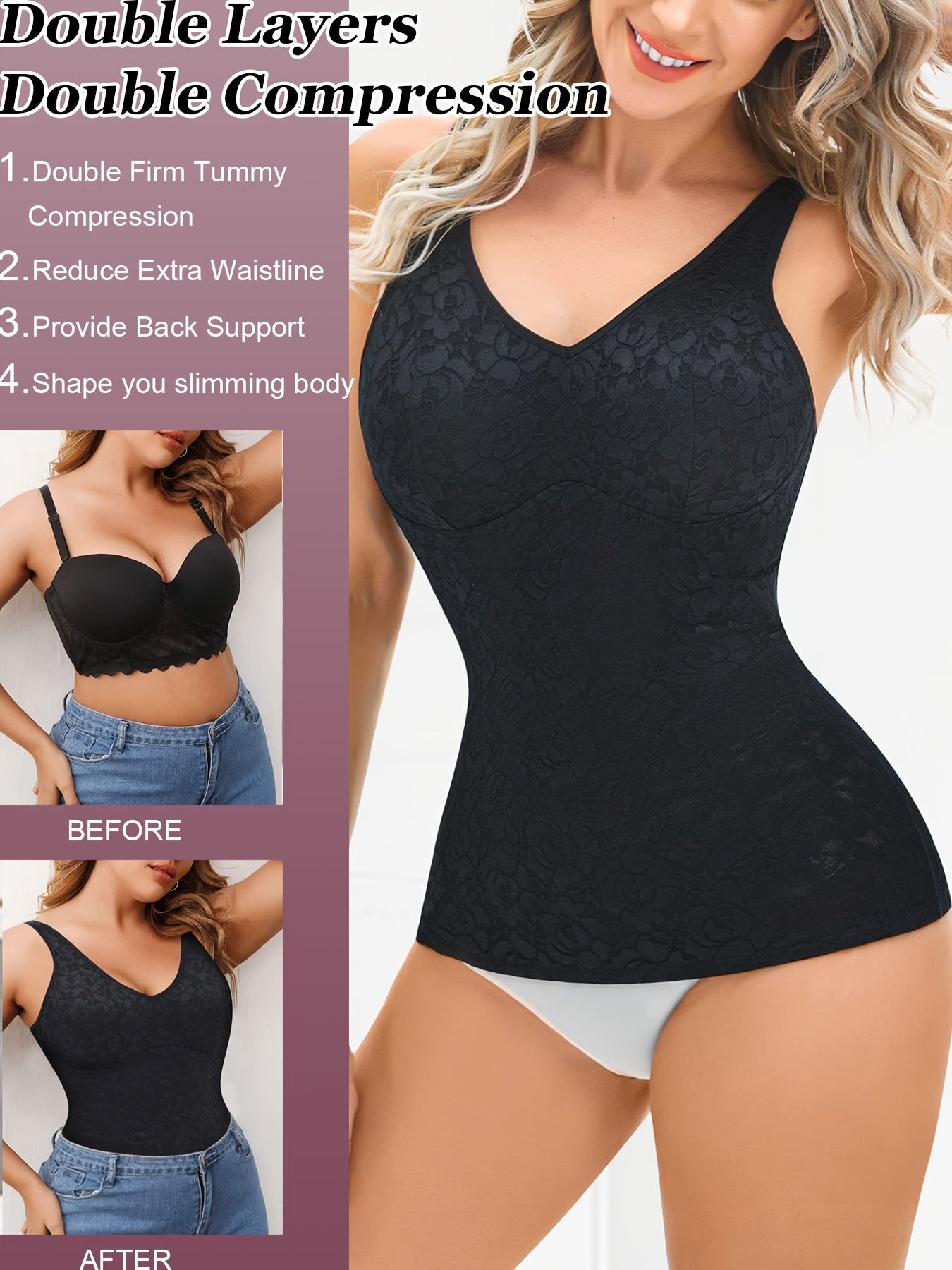 Lace Shaping Cami Tops V Neck Tummy Control Top