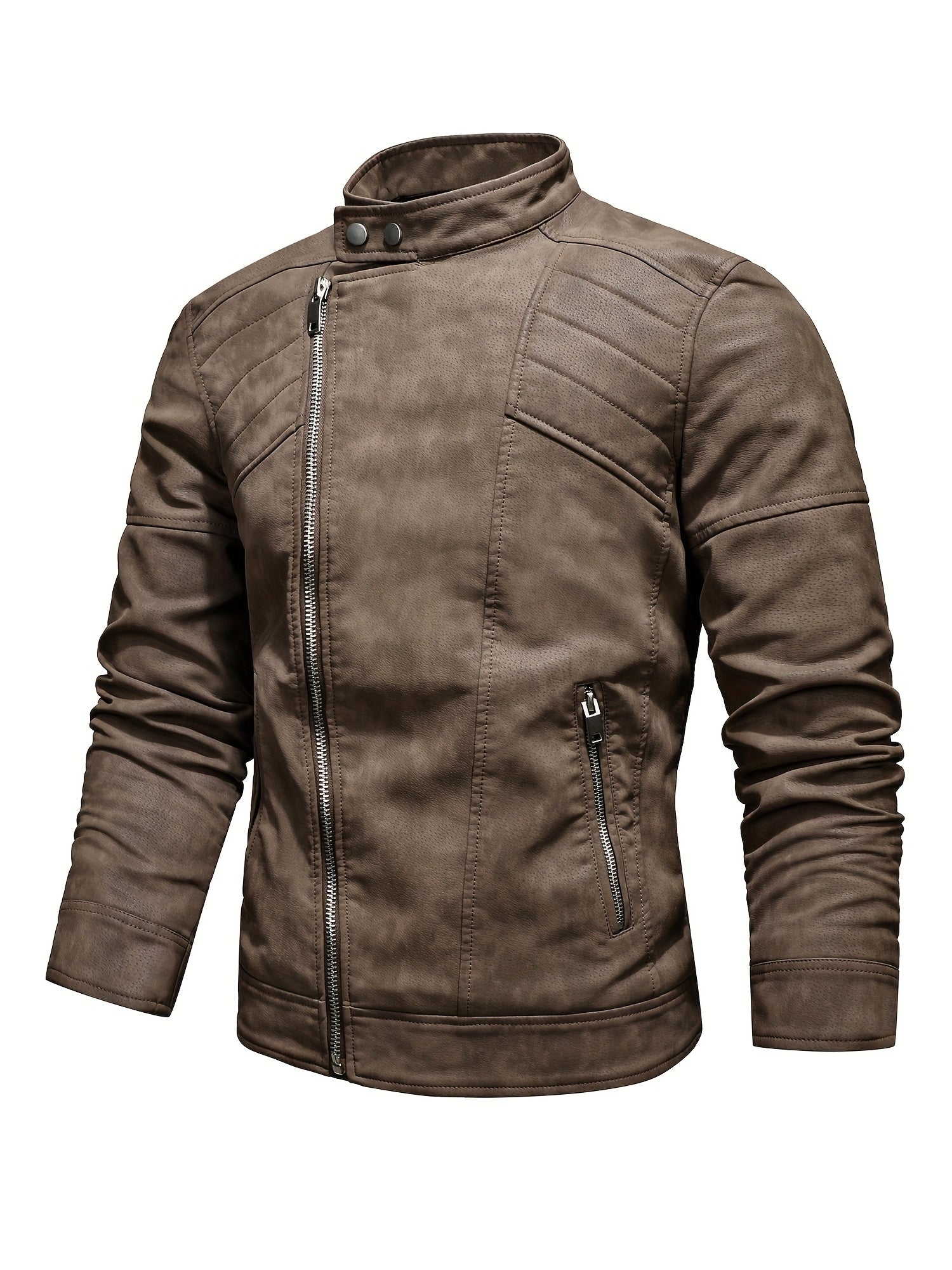 Men's PU Leather Fleece Winter Jacket with Diagonal Zipper