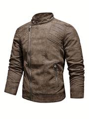 Men's PU Leather Fleece Winter Jacket with Diagonal Zipper