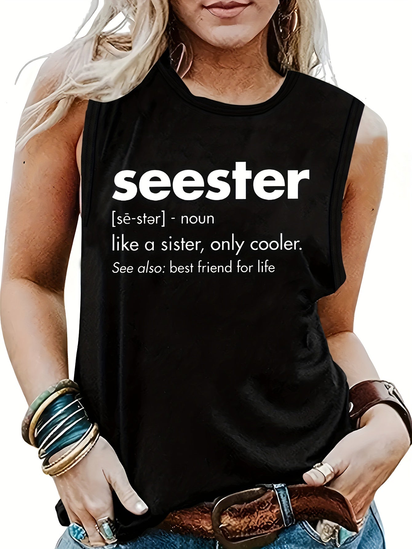 Letter Print Crew Neck Tank Top for Women
