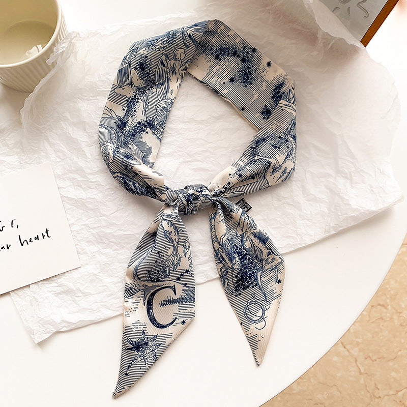 Retro Print Small Silk Scarves Hair Ties Slim Ribbons Scarves Ties