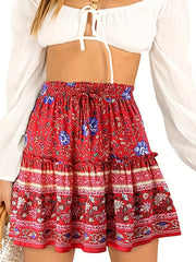 Boho Floral Print Pleated Skirt High Waist Beach Skirt