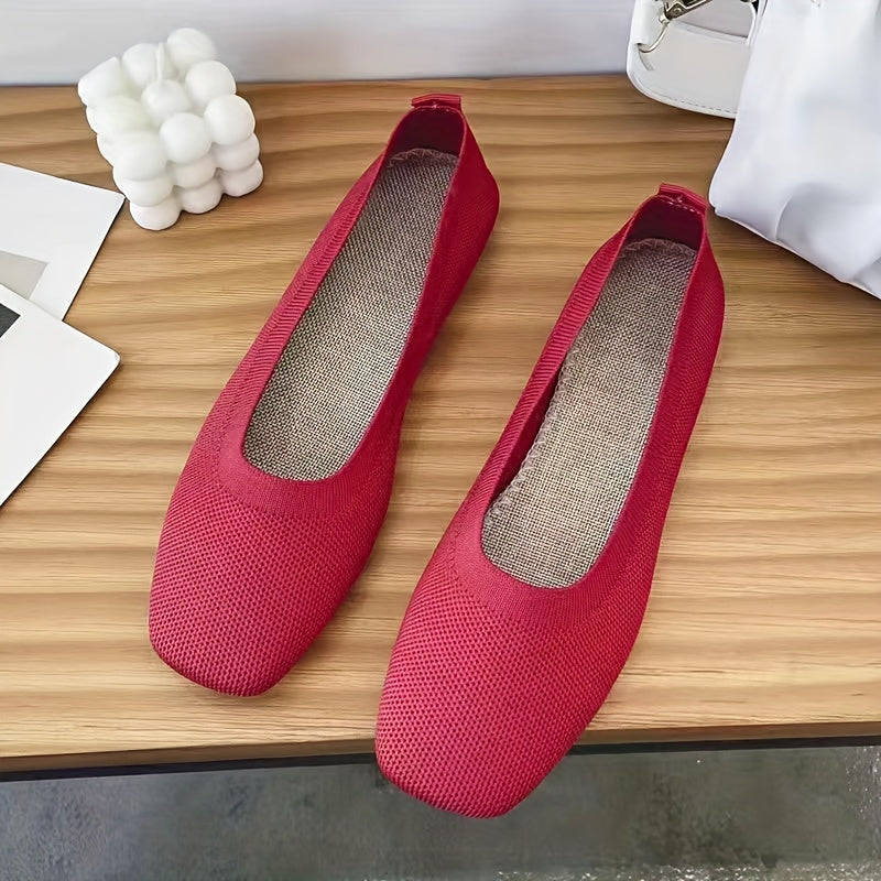 Women's Knit Slip On Flat Shoes Solid Lightweight Square Toe Shoes