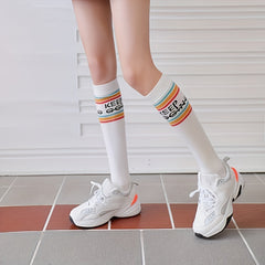 3 Pairs Letter Print Striped Socks Knee High College Style Stockings