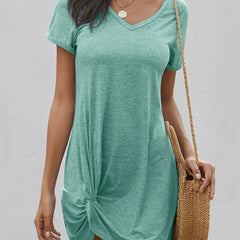 V Neck Short Sleeve Solid Dress Casual Twist Versatile Dress