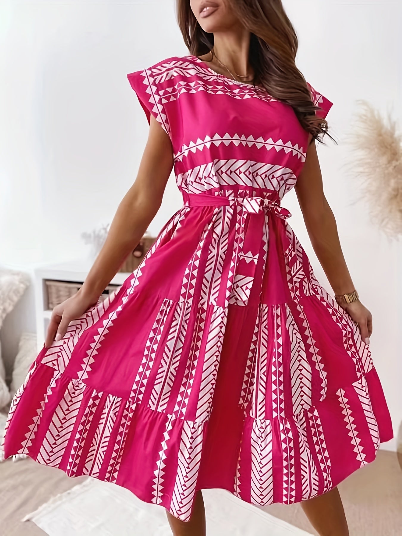 Ethnic Print Cap Sleeve Dress Crew Neck Midi Dress Women's Clothing