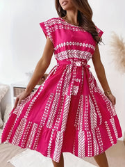 Ethnic Print Cap Sleeve Dress Crew Neck Midi Dress Women's Clothing