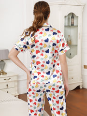 Heart Print Pajama Set Short Sleeve Lapel Top & Elastic Waistband Pants