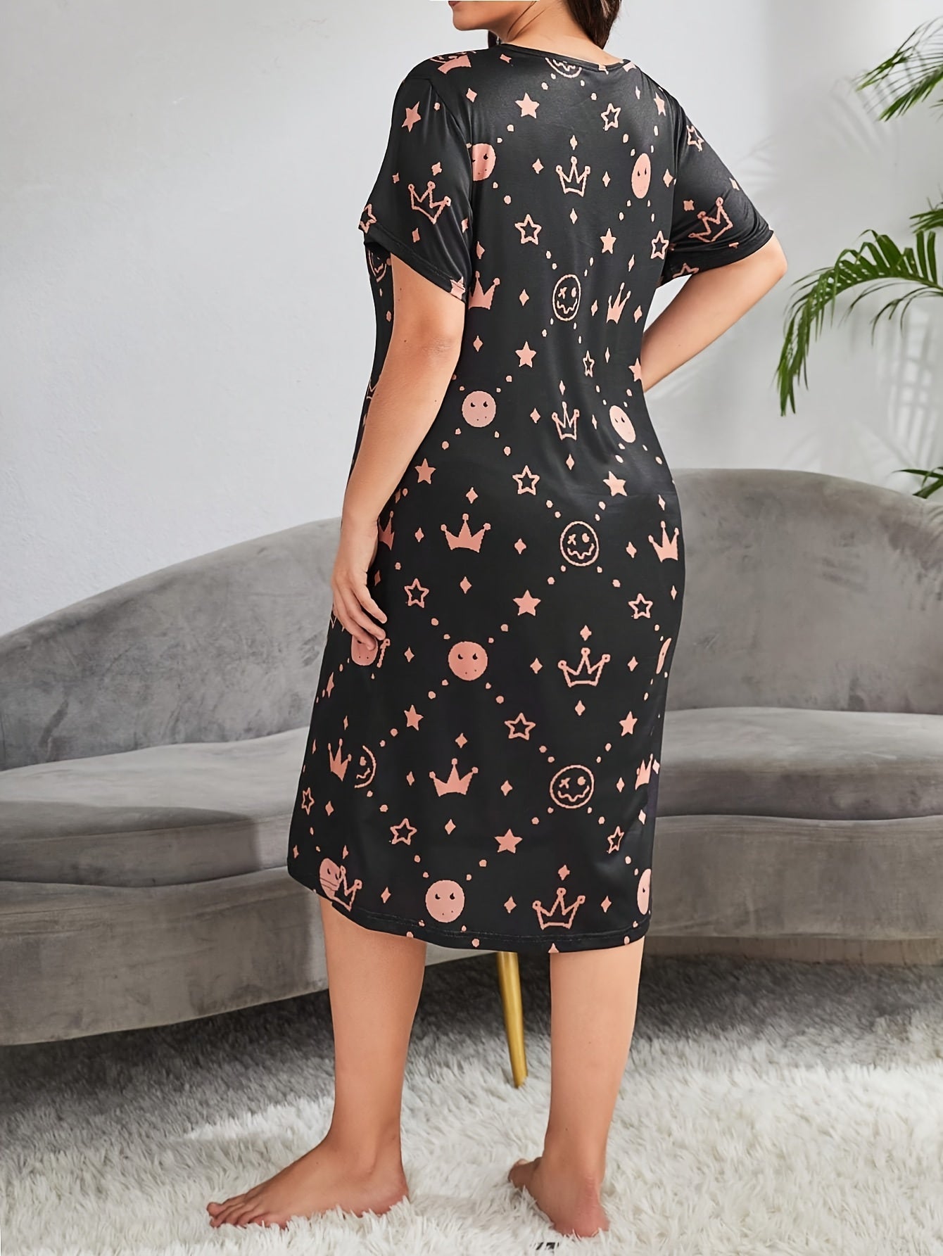 Nightdress Women's Plus Cartoon & Star Print Short Sleeve Sleep Dress
