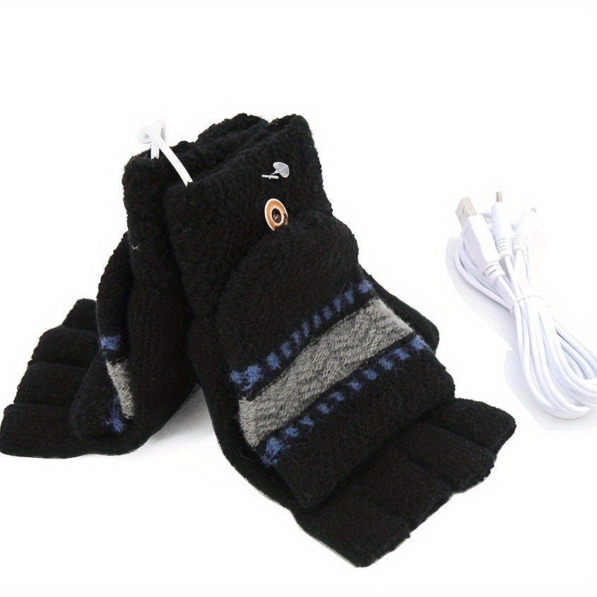 USB Heated Gloves Winter Mittens Knitting Fingerless Hand Warmer