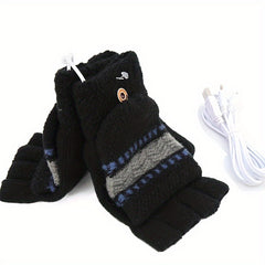 USB Heated Gloves Winter Mittens Knitting Fingerless Hand Warmer