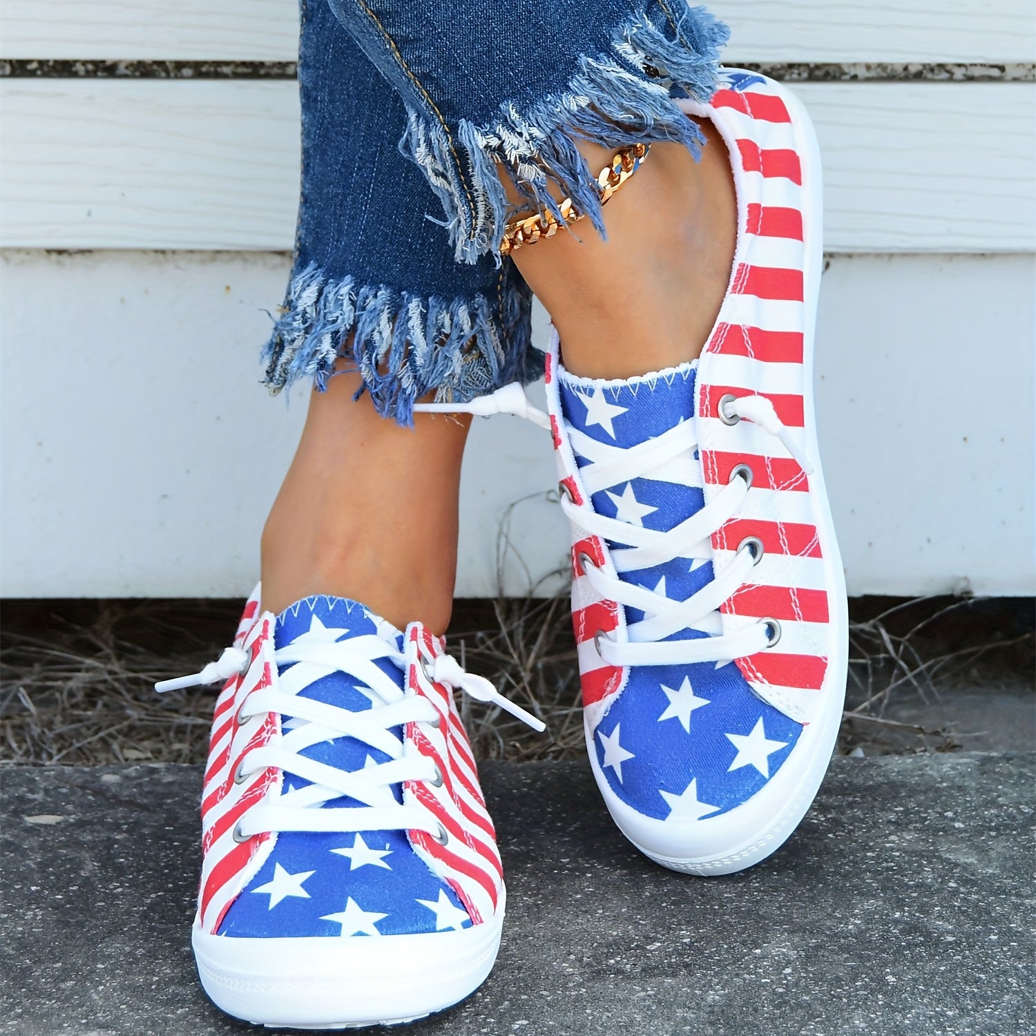 Women's Flag Pattern Canvas Shoes Low Top Sneakers for 4th of July
