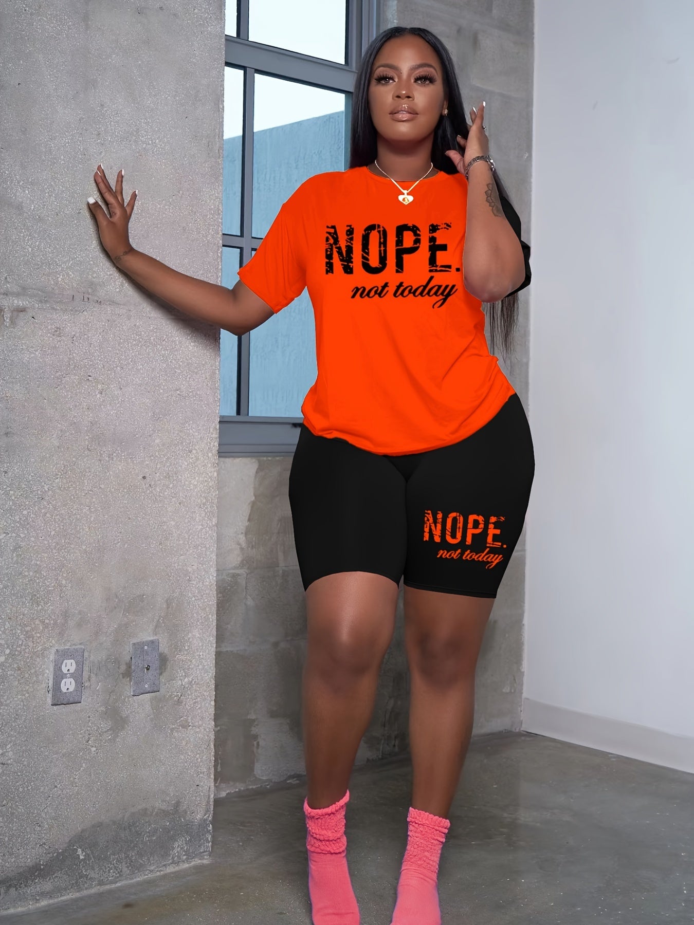Women's Plus Letter Print Tee and Shorts Set