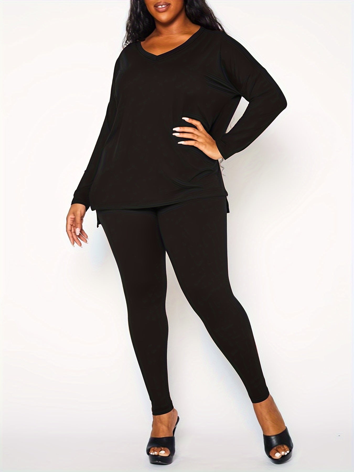 2-Piece Set Solid V Neck Top & Pants Outfits