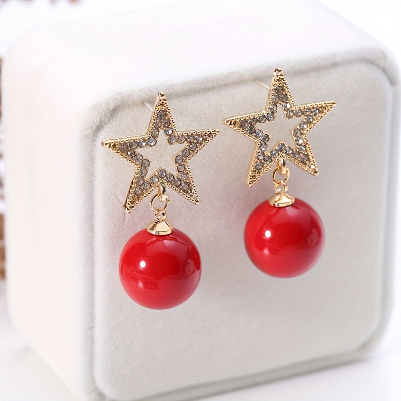 Christmas Snowflake Red Faux Pearl Earrings Retro Party Jewelry